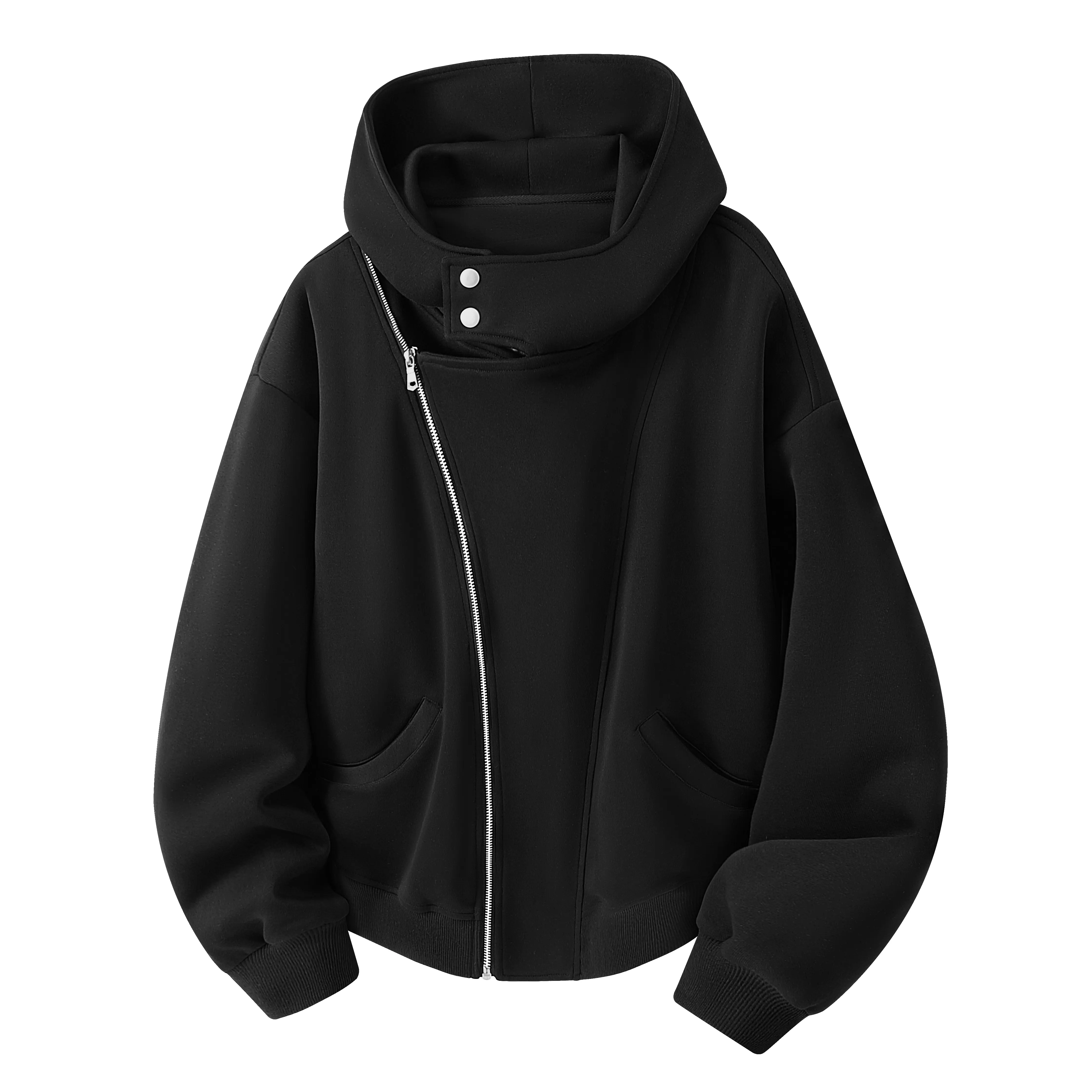 Men's Stylish Hooded Cardigan, Street Style Zip-Up Jacket with High Collar and Button Detailing, Loose Fit Drop-Shoulder Longsleeves Menswear Tops, Casual