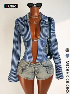 Women's Deep V Neck Striped Woven Shirt, Slim-Fit Body-Conscious Design, Showcases Alluring Figure, Stylish Casual Wear for Women