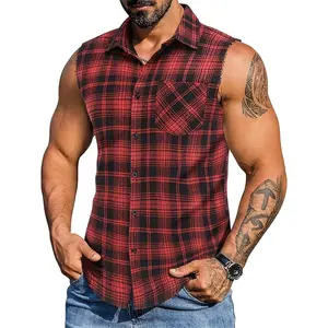 [Stylish Flannel Collar Shirt] Red & Black Checkered Summer Plaid Sleeveless Shirt - Men's Casual Streetwear, Machine Washable, Perfect for Beach Vacations