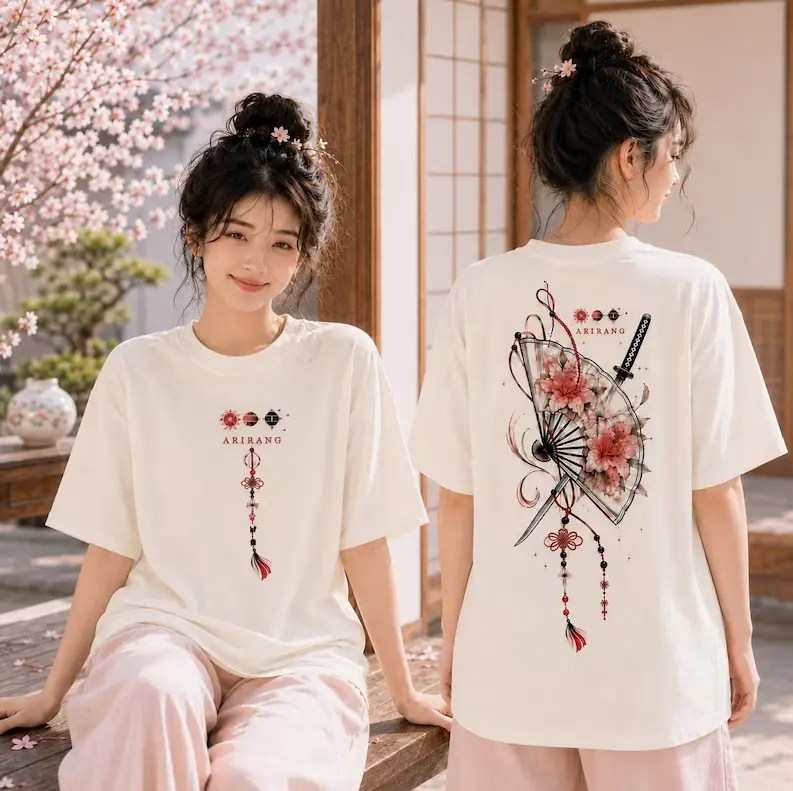 BTSArirang Floral Folding Fan Shirt, Two Sided Pink Blossom Sword Tee, Kpop Concert Outfit, Fan Gift, White Tour Top