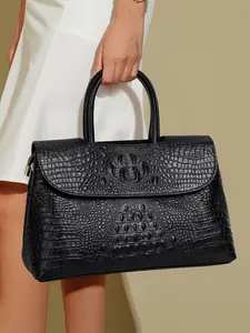 Sophisticated Black & Gold | Top-Grain Leather Crocodile-Embossed Tote, Elegant and Versatile