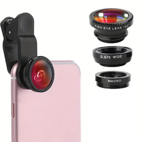 3 in 1 Phone Camera Lens Kit, Mobile Lens, 180 Degree Fisheye Lens & 120 Degree Wide-Angle Lens & Macro Lens, Phone Accessories, Smartphone Camera Accessories for iPhone Samsung Android Photography accessory, Cell Phone Accessories