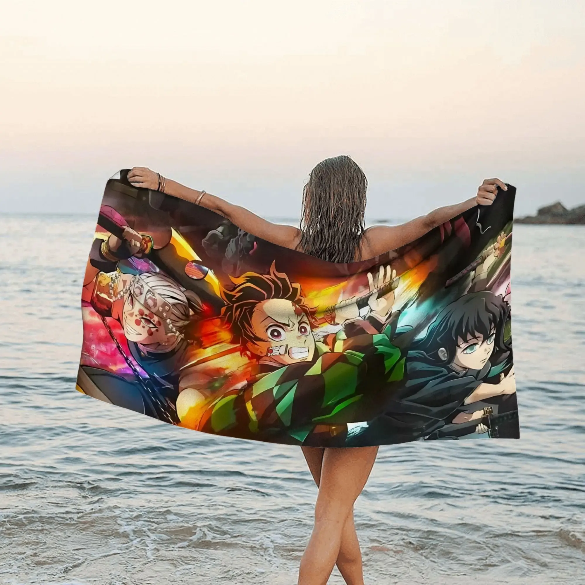 Kimetsu no Yaiba Anime Microfiber Beach Towel, 70×140cm/80×160cm Lightweight Quick-Dry Towel for Travel Swimming, Home Bathroom Supplies Artwork Gift