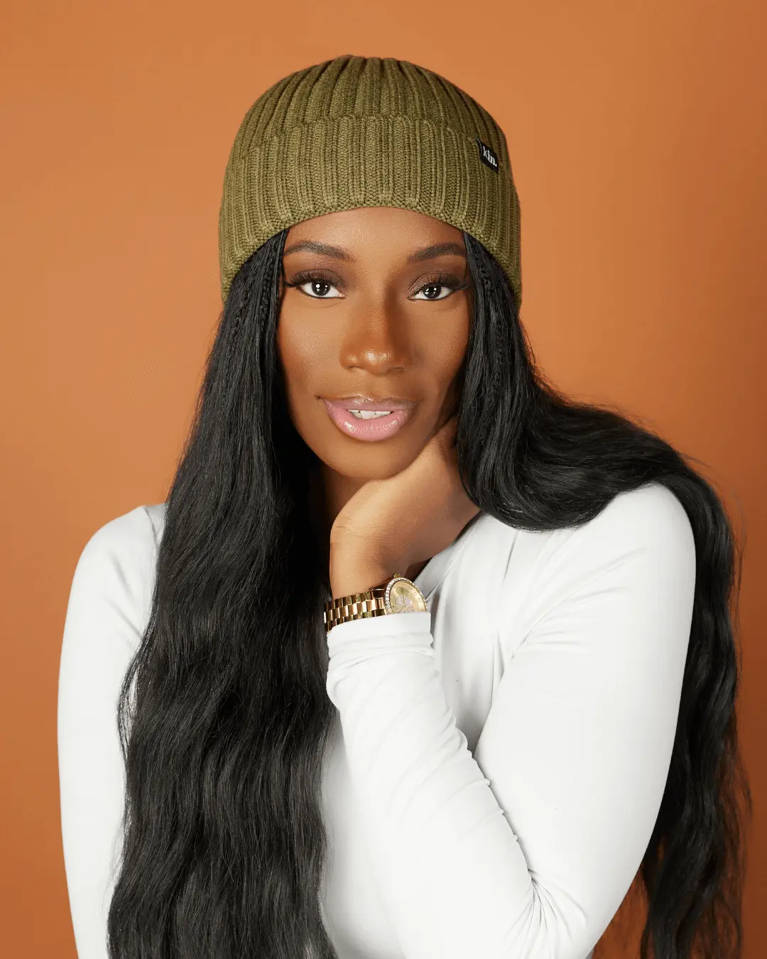 Olive Green Stripe Satin Lined Beanie
