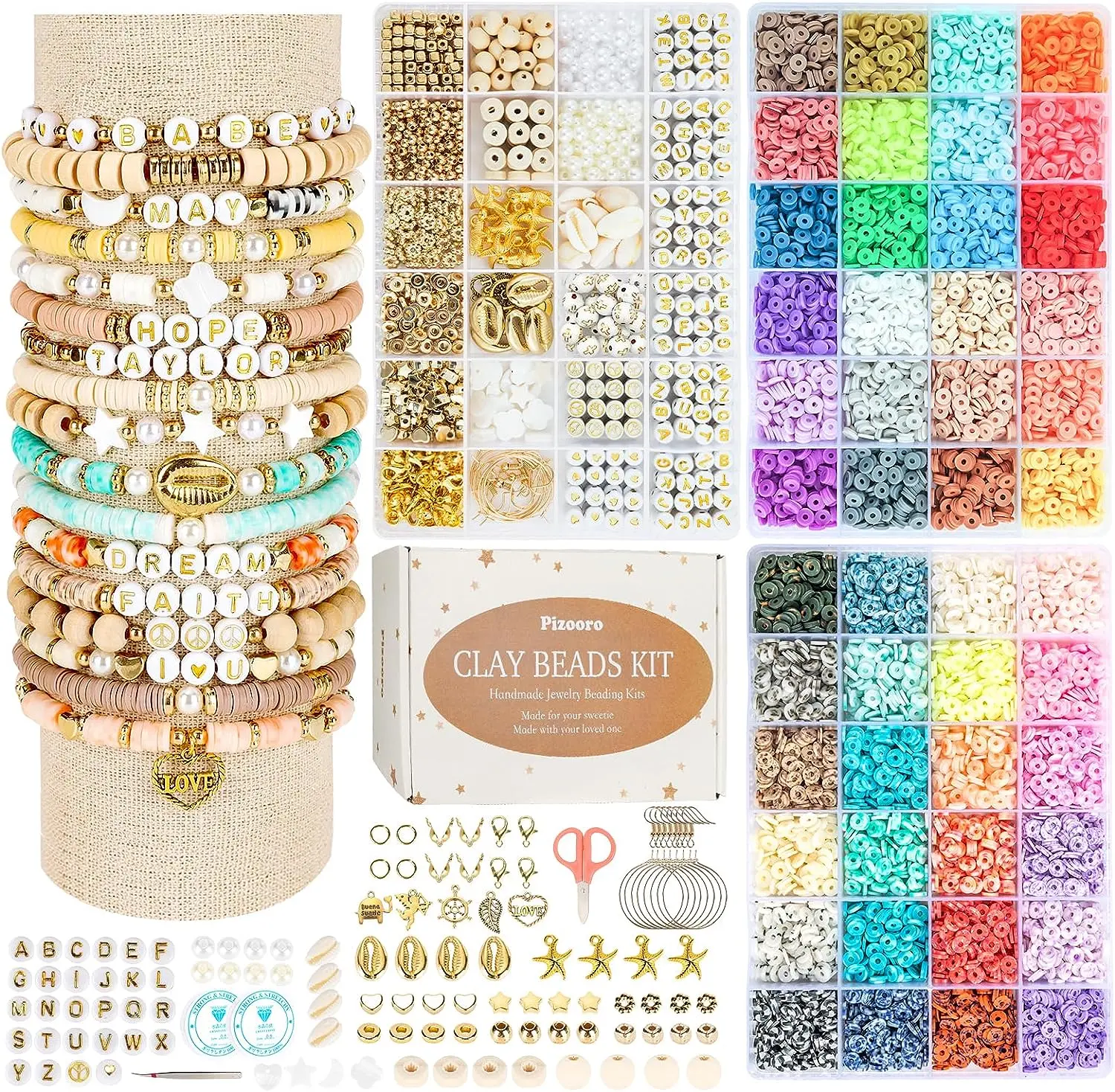 Clay Beads 3 Boxes Bracelet Making Kit, 10500pcs Beads for Jewelry Making, Round Letter Beads with Charm and Elastic Strings, Friendship Bracelets