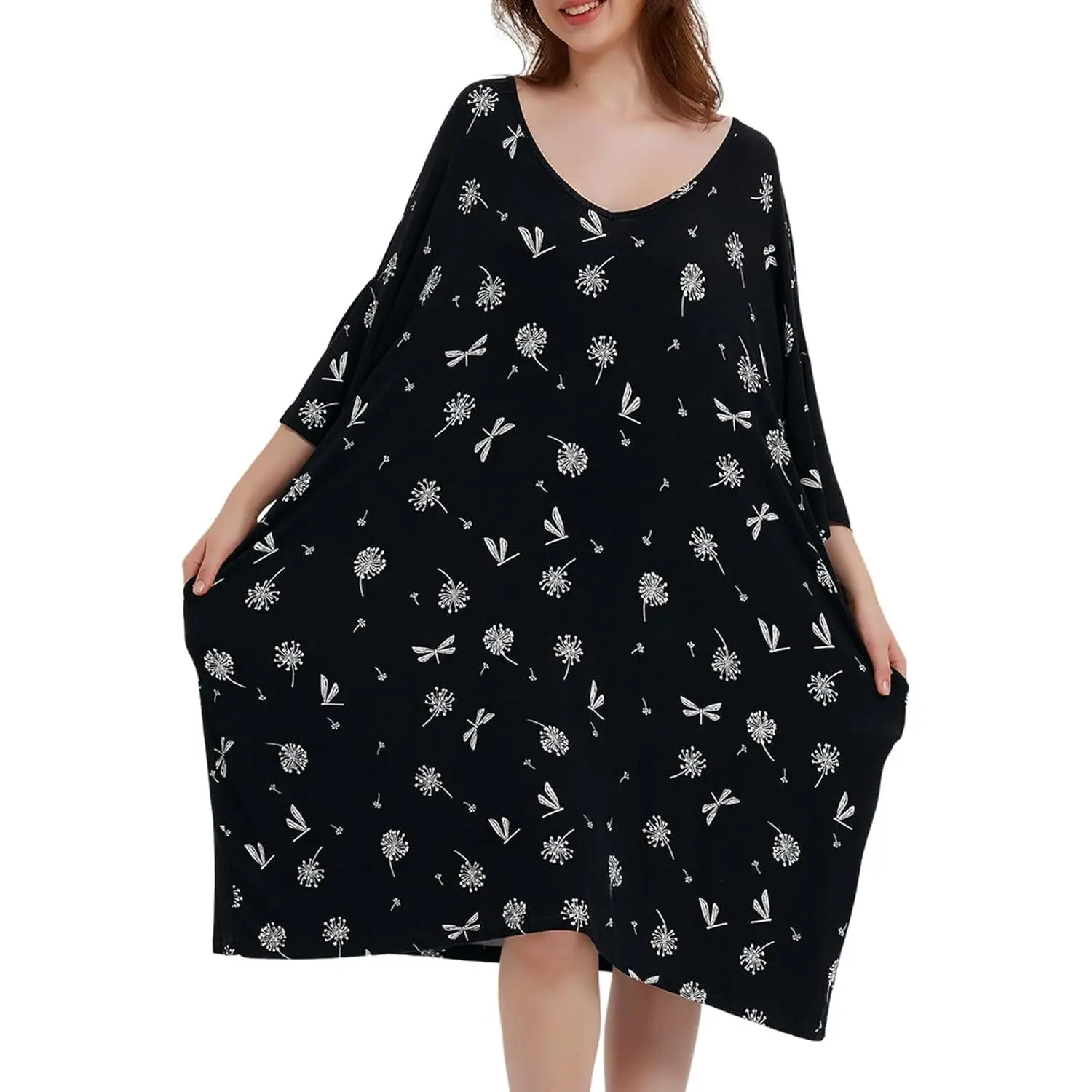 Plus Size T-Shirt Nightdress for Women, Casual Stretchy V-Neck Loungewear with Pockets and Short Sleeves, Clothes