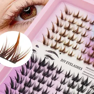 Mix brown and black false eyelashes, Dense Curled Individual Lashes, Cartoon Style Extension, 5-12mm Fluffy Natural Clusters, DIY Self Use