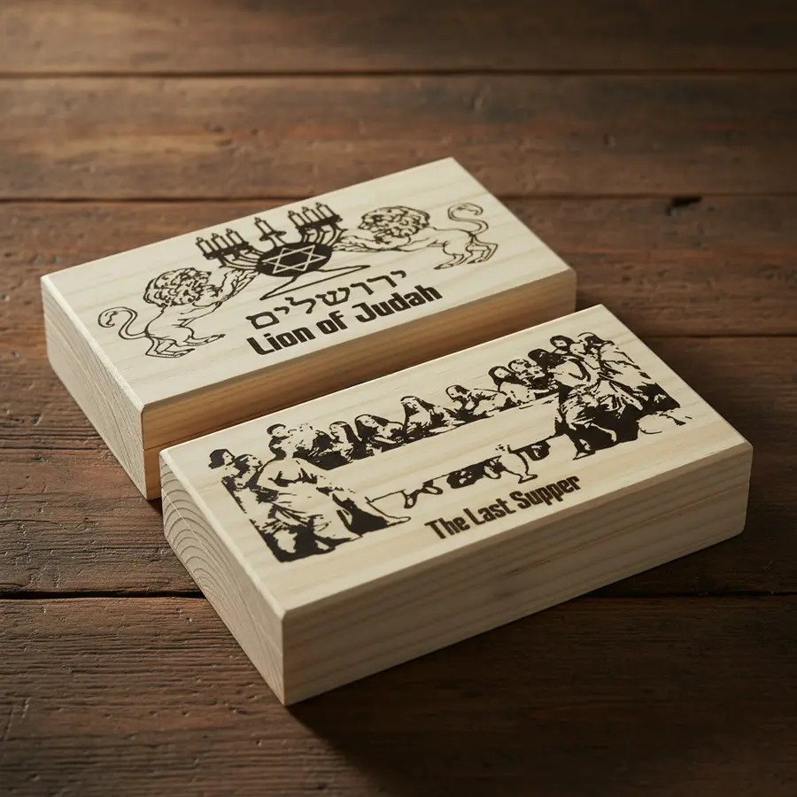 Israeli-Made Natural Wood Hand-Engraved Last Supper Judean Lion Star Prayer Box with Lid - Rectangular Minimalist Home Supplies Organizer, Decoration, Engraved Art Universal Collectible Gift (Set of 2)