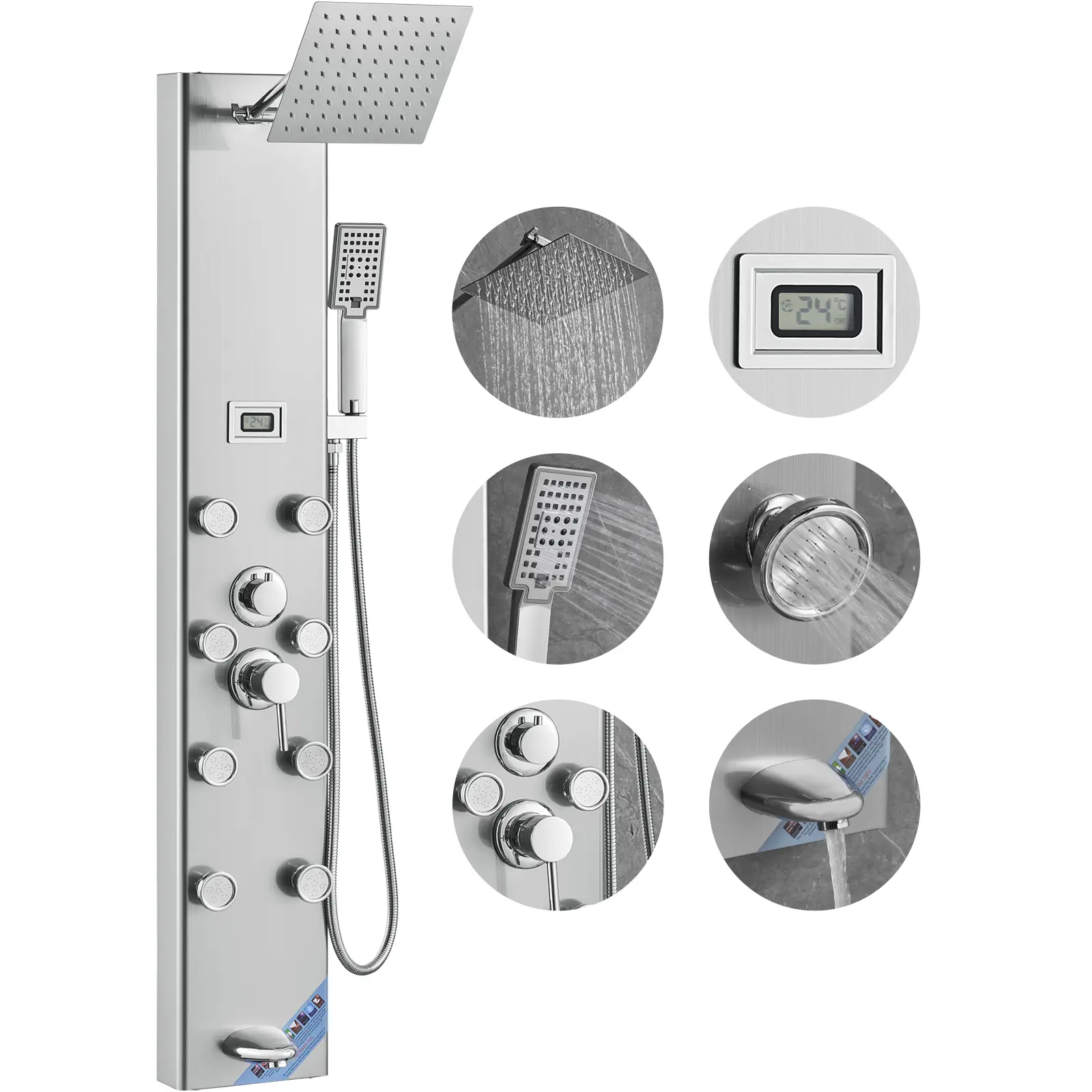【BackToSchool】VEVOR Shower Panel System, 5 Shower Modes, Digital Display Shower Panel Tower, Rainfall, 8 Massage Jets, Tub Spout, 3-Setting Handheld Shower Head 59" Hose, Stainless Steel Wall-Mounted Shower Set