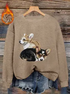 Fall & Winter Women's Cartoon Corgi Print Pullover, Soft and Cozy Faux Wool Knit Top for Layering, Long Sleeve Casual Style