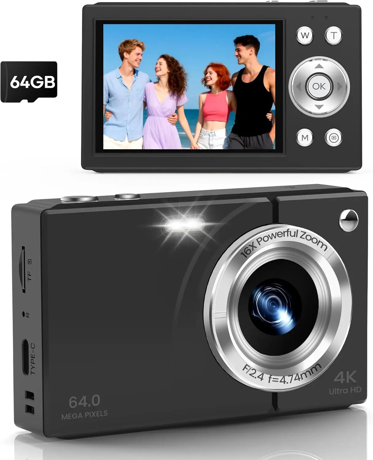 Digital Camera, 4K Vlogging Camera with Autofocus, 64MP, 16X Zoom, 64GB Card Included, Built-in , Small Digital Camera for Teen Adult Beginners, Ideal for Travel & YouTube - Black