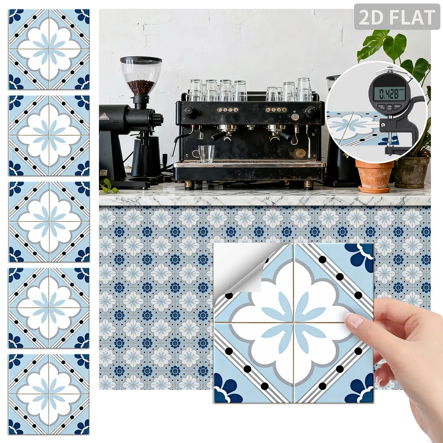 24PCS FHZ Light Blue Fresh Four Leaf Flower Geometric Tile Stickers PET Matte Peel and Stick Backsplash Waterproof Oil Proof Wall Sticker for Kitchen Bathroom