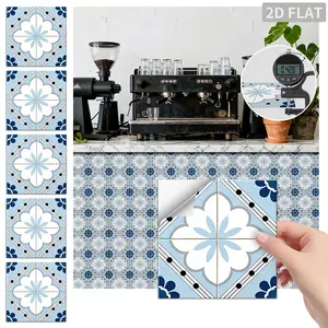 24PCS FHZ Light Blue Fresh Four Leaf Flower Geometric Tile Stickers PET Matte Peel and Stick Backsplash Waterproof Oil Proof Wall Sticker for Kitchen Bathroom