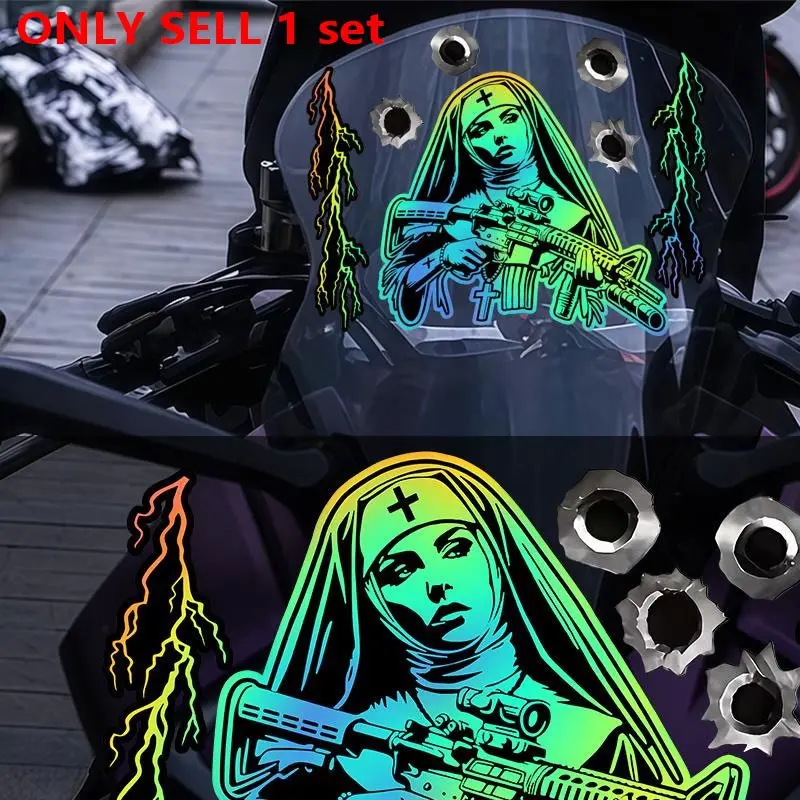 7PCS/1SET Battle Nun Colorful Laser Car Stickers, Car Sticker Decal, Automotive Decals, Waterproof, Sun-protected, Suitable for Car Bodies, Motorcycle Panels, Graffiti Style, DIY Self-adhesive Scratch Blocking Decorative Stickers