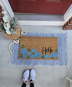 hydrangea girly doormat, coastal cottage doormat, charleston south carolina doormat, east coast southern doormat, blue floral doormat