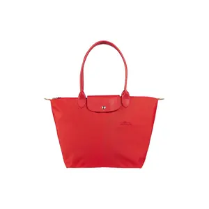 Longchamp Le Pliage Green 28 Tote Bag with Embossed Logo, Recycled Canvas and Leather Trim, Zipper Closure, Medium Size for Women in Tomato Red