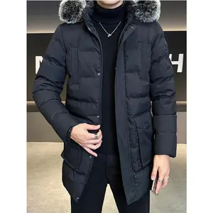 Mid-length down jacket for men, winter coat with fur collar, 2024 new style, stylish Korean fashion brand, winter apparel for men.