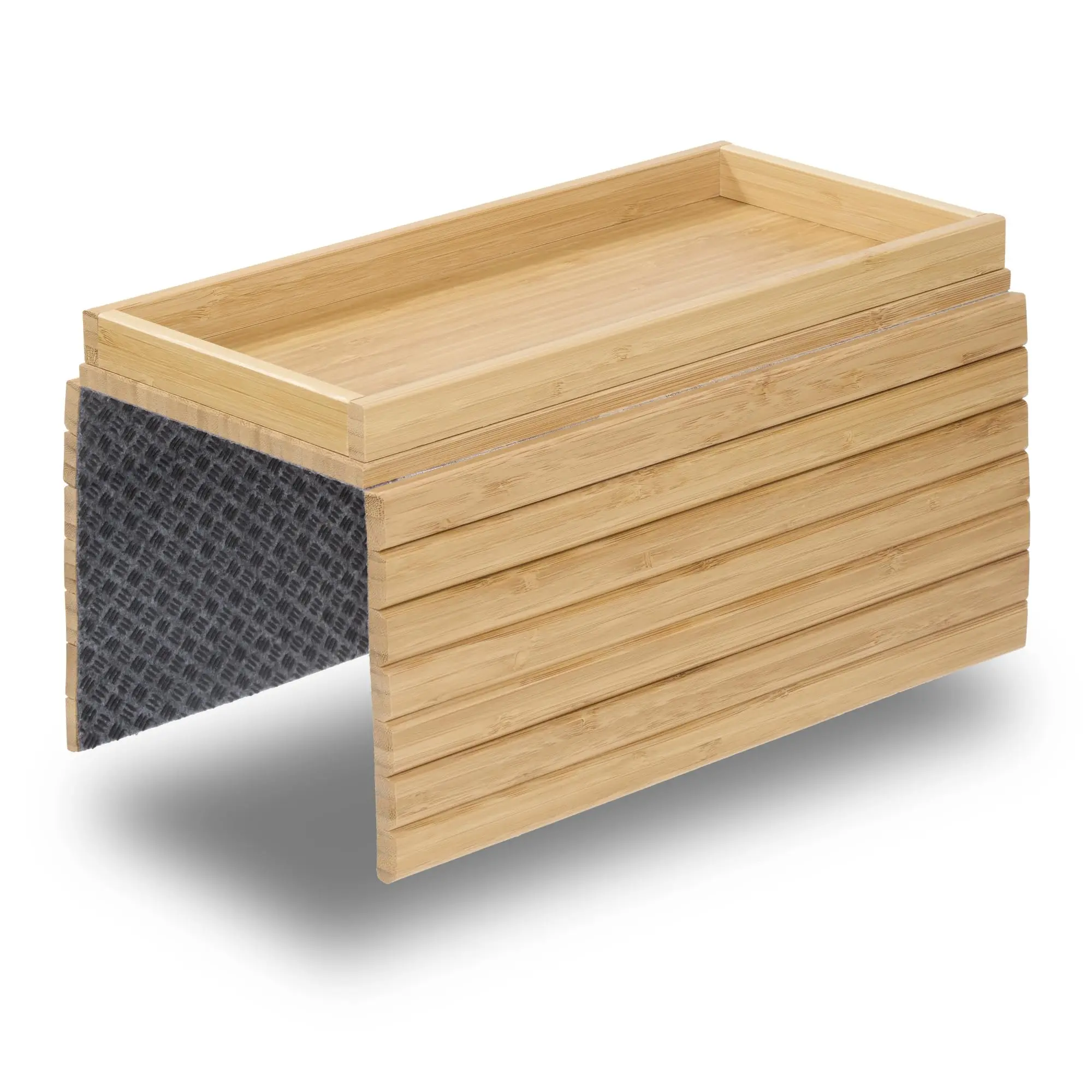 Bamboo Couch Arm Tray Organizer Storage with Large Storage Box, Non-Slip Felt Bottom, Fits Wide Sofa Armrests