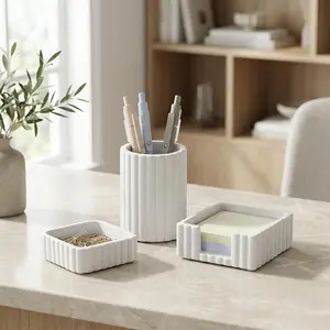 Modern Aesthetic Desk Accessories Set of 3 - Stylish Concrete Organizers for Pens & Office Supplies - A Cute and Functional Addition to Your Workspace Decor