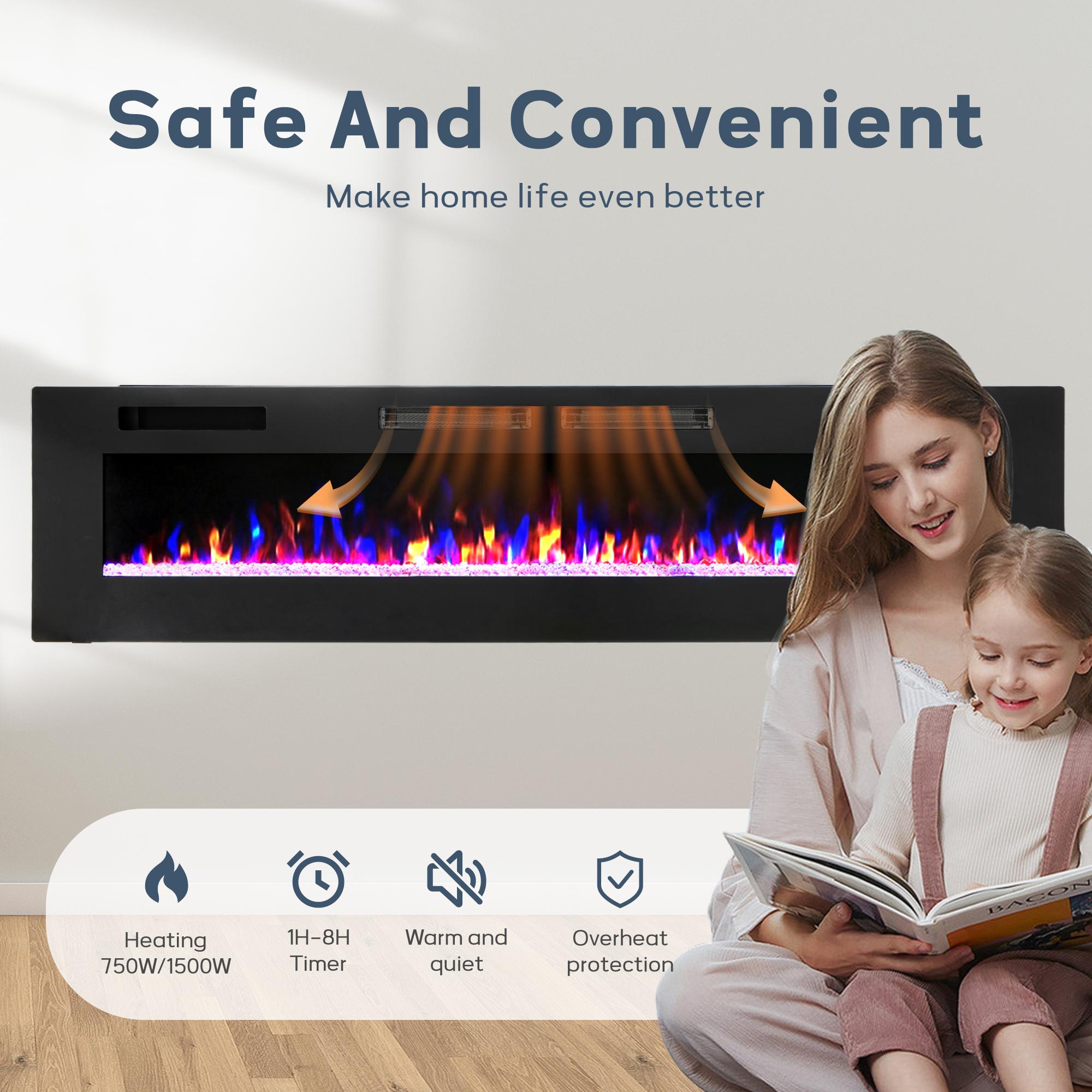 PHI VILLA 72" Electric Fireplace Wall Mounted & Recessed 750/1500W with Remote Control, 1-8 Hour Timer Function, Ultra-Thin Design Fan Hot Home Appliance Heater Flame Household Heating Fall Deals For You