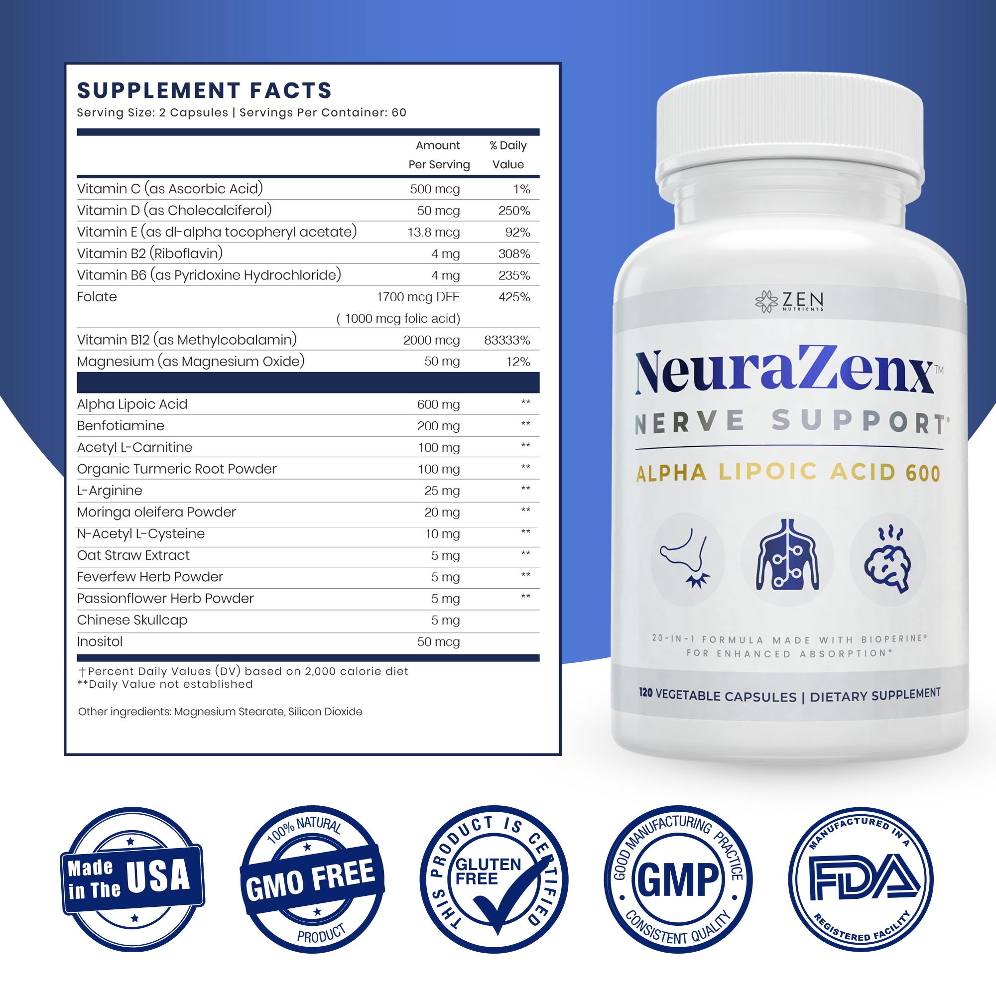 Neurazenx ️Nerve Support & Peripheral Neuropathy Supplement (120 Capsules) | Alpha Lipoic Acid, Benfotiamine, Turmeric Blend for Tingling, Numbness & Nerve Health