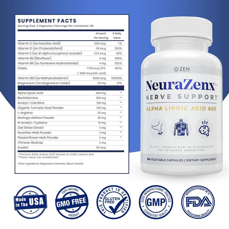 Neurazenx ️Nerve Support & Peripheral Neuropathy Supplement (120 Capsules) | Alpha Lipoic Acid, Benfotiamine, Turmeric Blend for Tingling, Numbness & Nerve Health