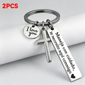 2PCS Maneja Con Cuidado Te Necesito Aquí Conmigo Keychain with Cross & "I Love You" Charm, Spanish Drive Safe Stainless Steel Keyring, Romantic Religious Gift for Him/Her Adjustable Heart Rate Couples Bracelet Set Rotating Retractable Reading Badge Holder
