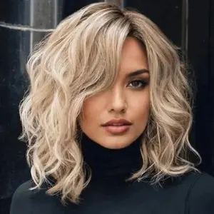 Blonde Highlight Wigs for Women Short Wavy Curly Bob Wig with Bangs Shoulder Length 14 Inches Synthetic Hair for Daily Party Use