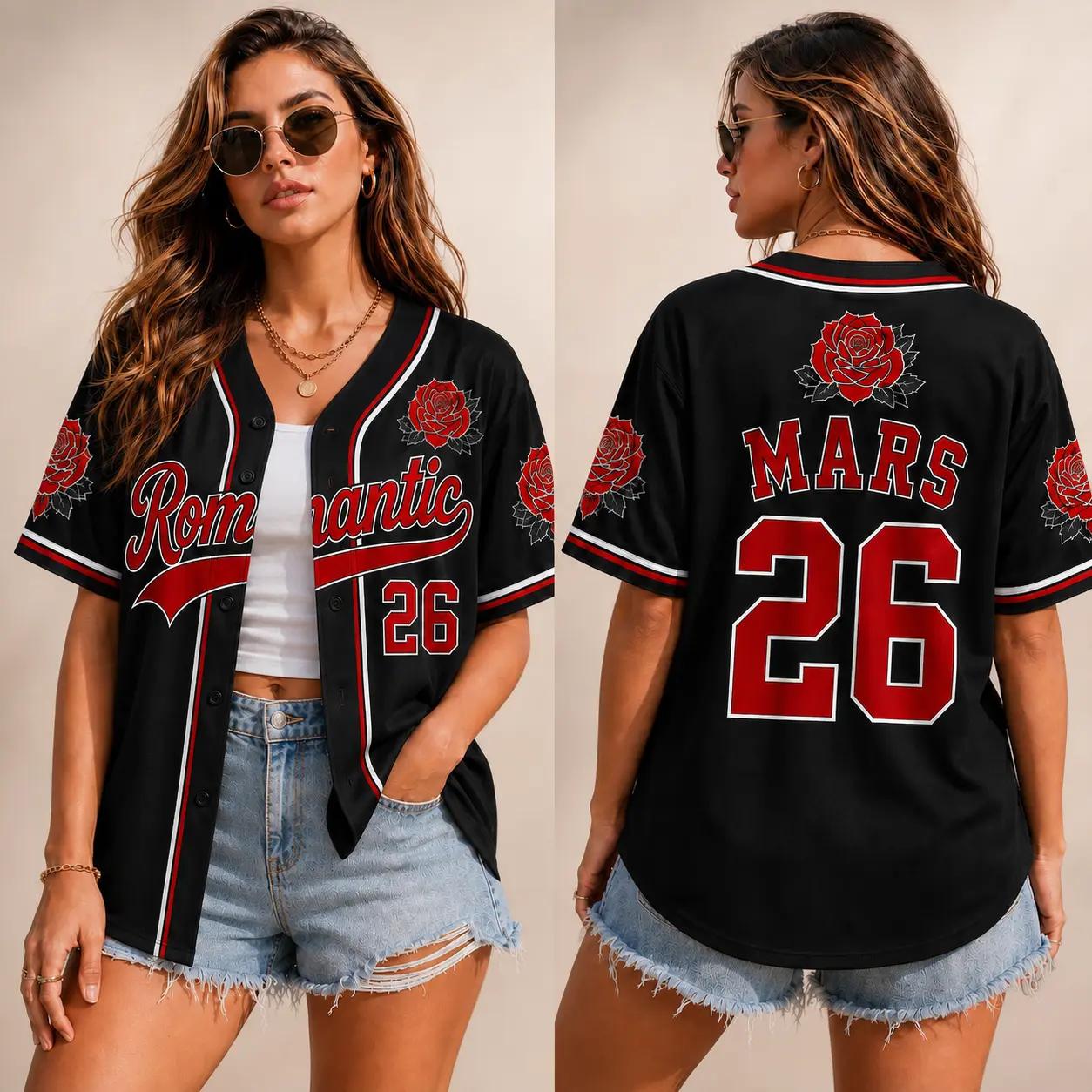 Women's Romantic Red Rose Baseball Jersey - Custom Mars 26 Black Concert Fan Button-Down Outfit for Music Festivals