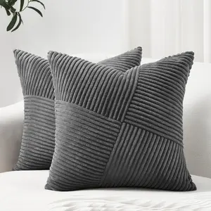 2 Decorative Darkgrey Throw Pillow Covers 22x22 Inch Soft Corduroy Pillow Covers Boho Textured Striped Patchwork Cushion for Couch Sofa Bed Cute Home