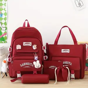 5pcs Solid Color Backpack Set, Large Capacity Double-Shoulder Bag, Simple Tote, Pencil Bag, Casual Crossbody, Lightweight Student Backpack Set with Ducky Charm, 3 Badges, and Charm, Canvas Material, Position Print, Zip Closure, Hand Wash or Dry Cle