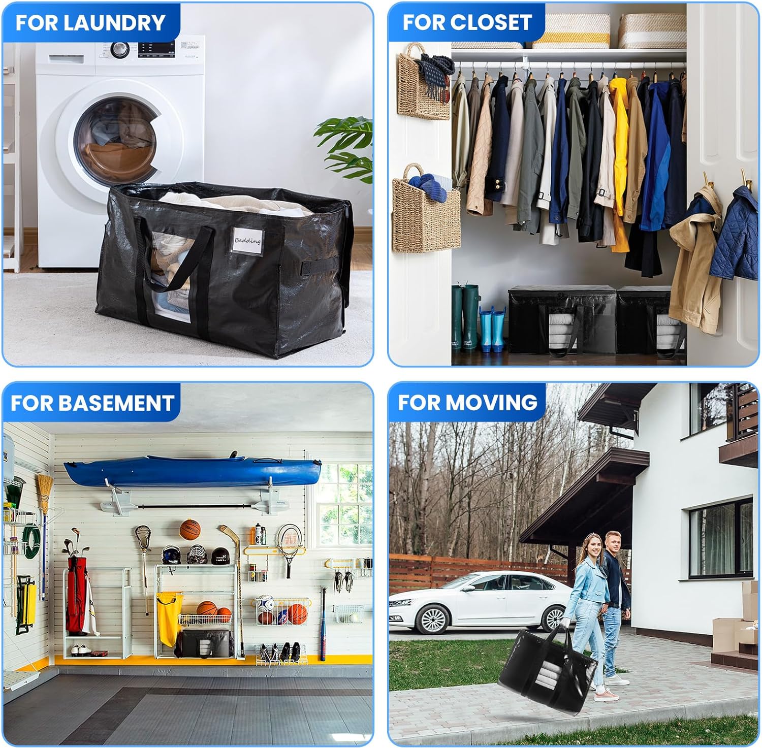 TAILI Extra Large Moving Bags, 4 Pack Black Heavy Duty Totes For Storage with Visible Window, Wrap Around Handles, Storage Bags for Space Saving, Alternative to Moving Boxes