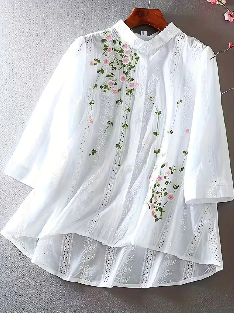 Elegant Floral Blouse for Women - Sheer White with Pink & Green Flower Design, Round Neck, Ruffled Cuffs, Perfect for Spring & Summer, Spring Wardrobe Essential  Feminine Style Blouse  Intricate Embroidery, Ladies Blouses