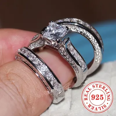 Newshe Sterling Silver Bridal Band Set Wedding Engagement Ring Set For
