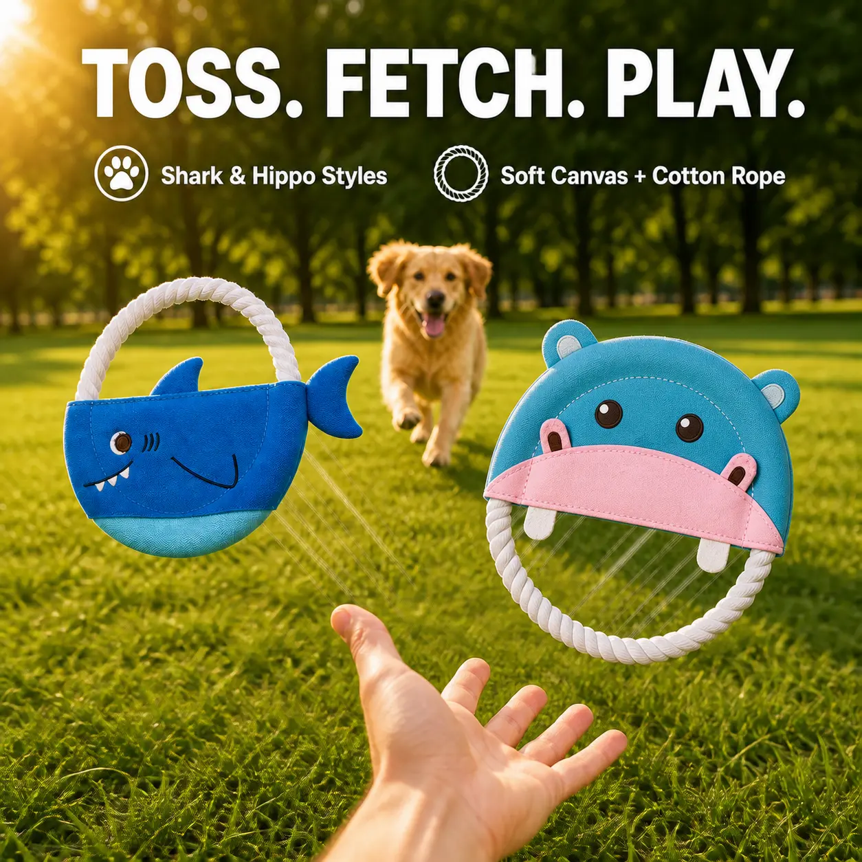 Squeaky Dog Frisbee Toy with Cotton Rope Ring, Canvas Flying Disc, Shark & Hippo Styles