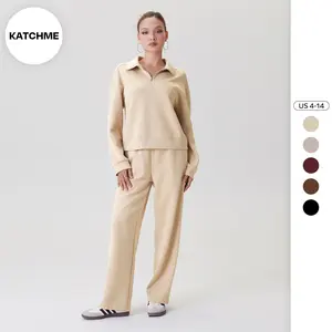 KatchMe Women's Casual Partial Zipper Stand Collar Long Sleeve Sweatshirt & Wide Leg Trousers Tracksuit, Basic Solid Color Co-ord Set, Two Piece Outfits（CN）