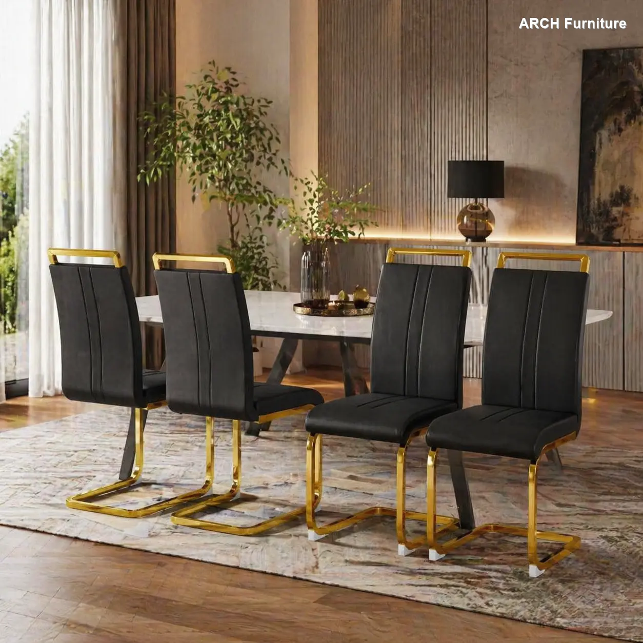 Modern PU Faux Leather High-Back Upholstered Dining Chairs (Set of 4) - Black Vanity & Modern Accent Chairs with C-Shape Plated Golden Metal Legs, Easy Setup Indoor Furniture for Dining Room, Kitchen, Modern Accent Chair