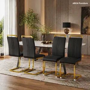 Modern PU Faux Leather High-Back Upholstered Dining Chairs (Set of 4, 4 Seats) - Black Vanity Chairs with C-Shape Plated Golden Metal Legs, Easy Setup Indoor Furniture for Dining Room, Kitchen, C-Shape Legs