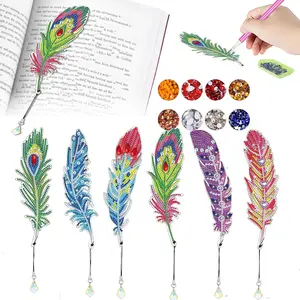 6-piece diy diamond painting feather bookmark with pendant, diamond painting art kit reading bookmark, acrylic material handicraft bookmark, book accessories, provide meaningful gifts for reading lovers