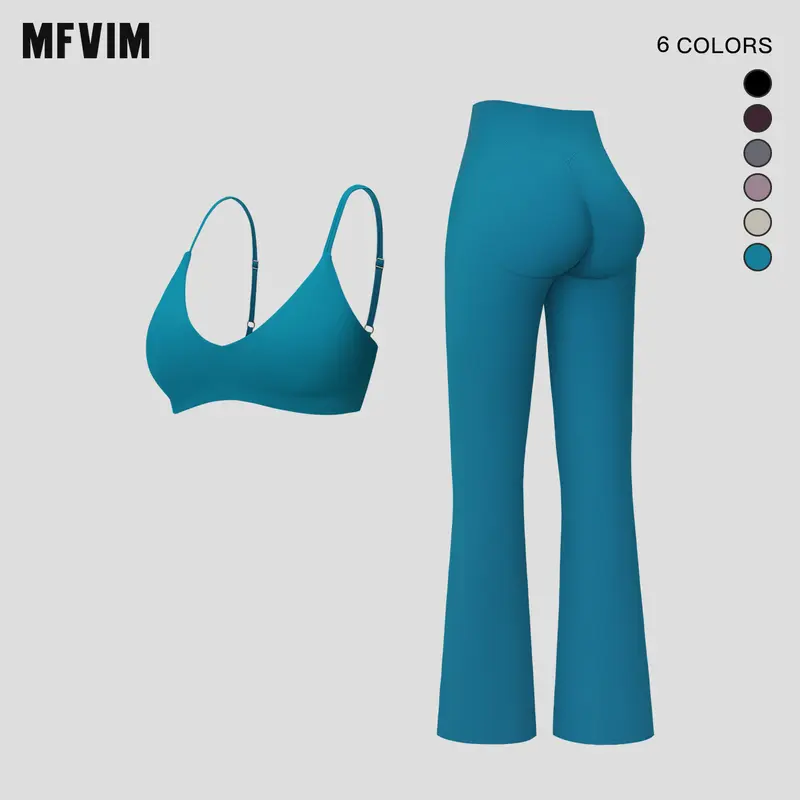MFVIM Women’s 2-Piece Workout Sportswear Set - Thin Strap V-Neck Sports Bra with Removable Pads, High-Waisted Drapey Flared Pants, Yoga Gym Activewear, Yoga Fashion Set, Back to School
