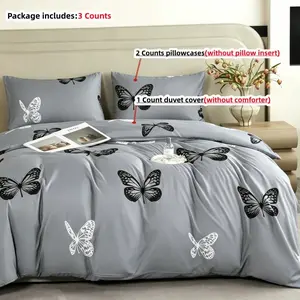 3PCS Duvet Cover Set, 1 Duvet+2 Pillowcases(Without filler), Butterfly Elegant Nature Tranquil Chic theme, Spring bedding set, Monarch Butterfly Design Suitable for decoration Bedroom, Guest Room, Luxury Suite, Villa.