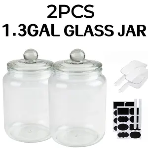 2 pieces 1.3 gallon durable round wide mouth mason jar with lid — dishwasher safe for easy care. Suitable for storing snacks, nuts, confectionery, coffee, etc., it is an essential storage tool in the kitchen. Includes scoop for easy dispensing, erasable p