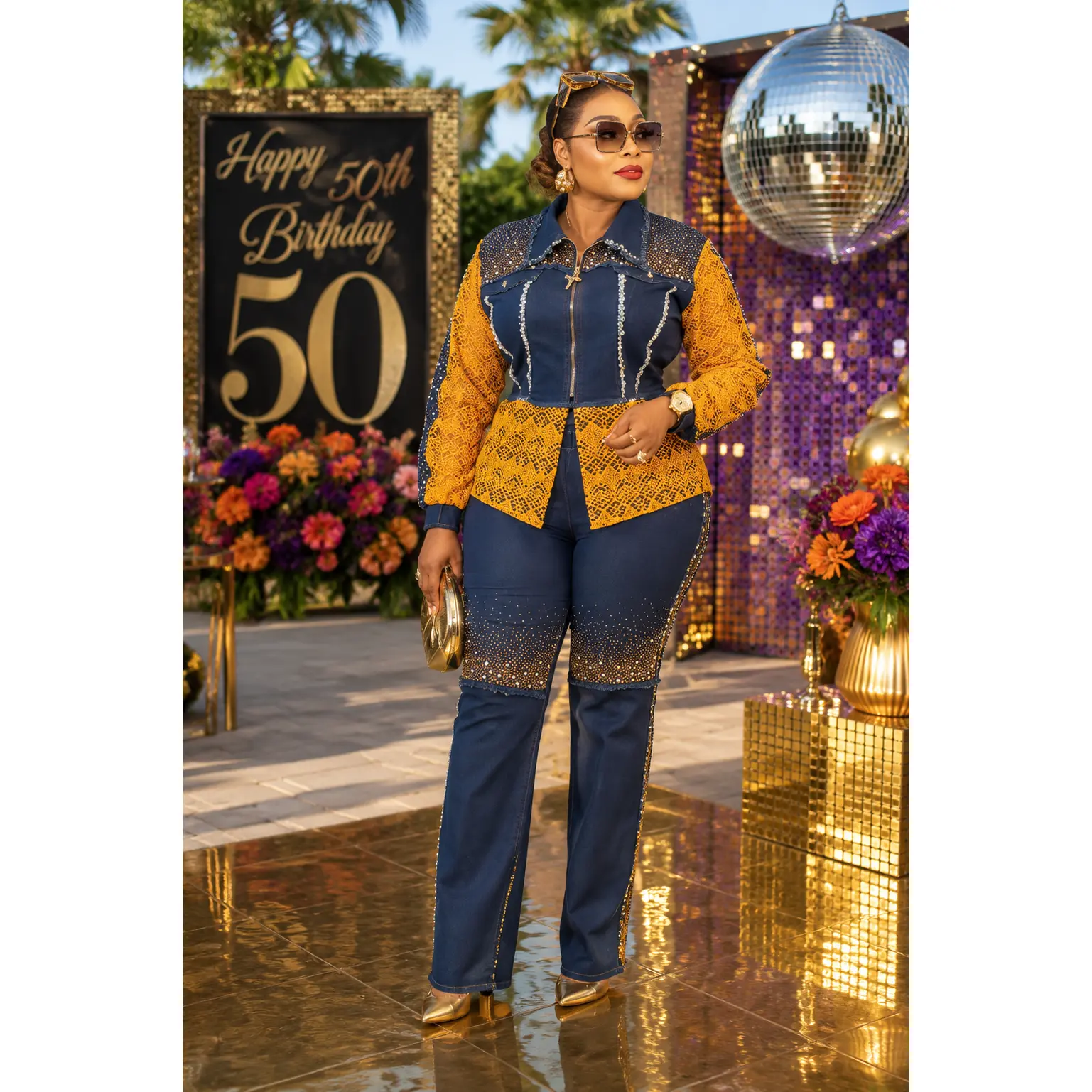 Luxury Gold Rhinestone Embellished Denim, Diamonds & Lace 2-Piece Set, Birthday Dinner Photoshoot Weekend Get-Together Party Top & Pants Outfit Women's Plus Size Stretch Jeans