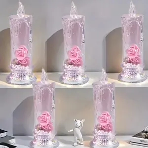 4/8 Pink Rose Flameless Candles, Creative Atmosphere Romantic Candles, LED Simulation Electronic Candles, Immortal Flowers, Night Light Ornaments, Valentine's Day Gifts, Mother's Day Gifts, Wedding, Proposal Decorations, Girlfriends' Birthd