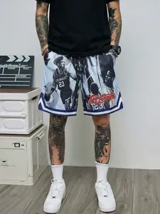 Men's Los Angeles basketball shorts with "23" and LA Hoop pattern screen printed clothing, breathable drawstring waist, ideal for basketball games, gym workouts, and casual street style, durable and bold print for basketball fans