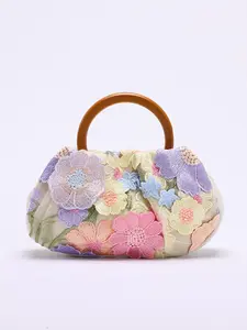 Three dimensional embroidered flower sweet style handbag, fashionable retro exquisite elegant atmosphere storage bag, circular handle design, can accommodate mobile phones and headphones, suitable for dating, parties, and socializing