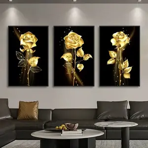 3pcs Gold Rose Canvas Wall Art Set, Nordic Modern Living Room Decor Poster Prints, Flower Prints, Elegant Floral Home Decoration