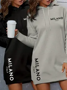 Women's Milano Letter Print Hoodie Dress Set, Long Sleeve Fitted Top & Skirt, Casual Fashion Spring Fall, Multiple Colors Available