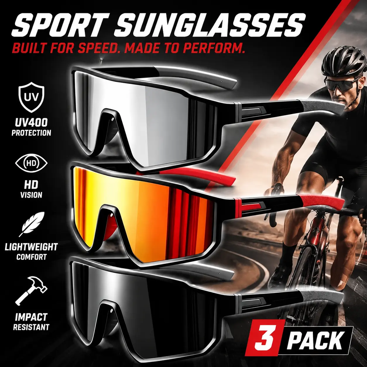 3-Pack Unisex Retro-Inspired Polycarbonate Sports Eyewear - UV400 Protection, Glare Reduction, Windproof Sturdy PC Frame, Lightweight Durable Biking Sunglasses, Outdoor Sports Cycling Gear for Running