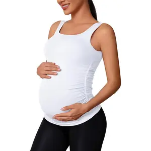 Maternity Tank Tops Seamless Side Ruche Sleeveless Pregnancy Basic Shirt with Built in Bra